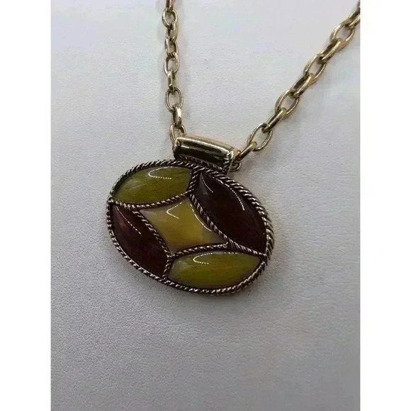 Monet Gold Tone Multicolor Oval Pendant Necklace Enamel Inlay Vintage - Picture 2 of 5